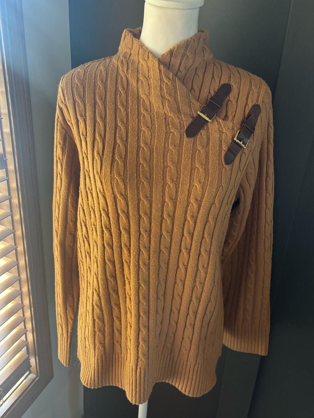 Jessica London Camel Brown Cable Knit Sweater Faux Leather Buckle Size 12
